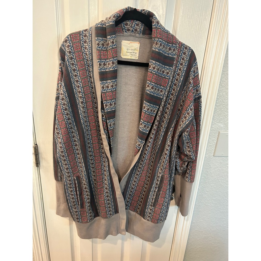 Alternative Cardigan Taupe Geometric Stripe Shawl Collar Thumbhole Boho Wrap